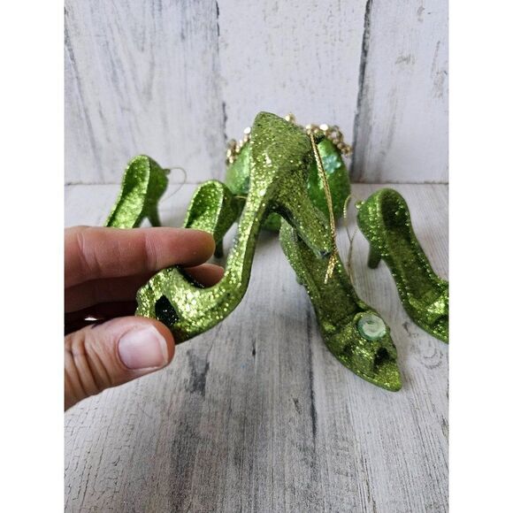 Green sparkle glitter stiletto heel shoe per set ornament Xmas tree purse - Picture 3 of 12